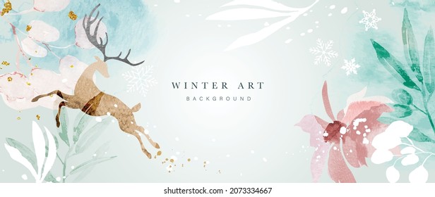 Winter background vector. Hand painted watercolor and gold brush texture, Flower and botanical leaves hand drawing. Abstract art design for wallpaper, wall arts, cover, wedding and  invite card.  