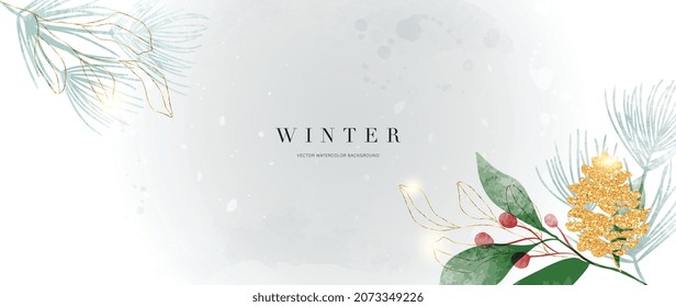 Winter background vector. Hand painted watercolor and gold brush texture, Flower and botanical leaves hand drawing. Abstract art design for wallpaper, wall arts, cover, wedding and  invite card.  