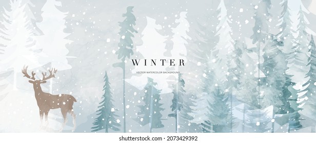 Winter background vector. Hand painted watercolor and gold brush texture, Mountain with snow, pine forest and deer hand drawing. Design for wallpaper, wall arts, cover, wedding and  invite card.  