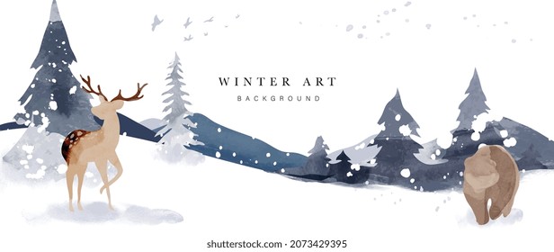 Winter background vector. Hand painted watercolor and gold brush texture, Mountain with snow, pine forest and deer hand drawing. Design for wallpaper, wall arts, cover, wedding and  invite card.  