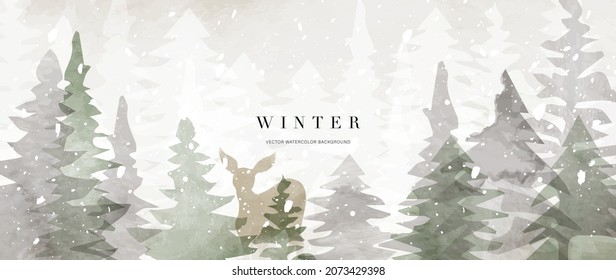 Winter background vector. Hand painted watercolor and gold brush texture, Mountain with snow, pine forest and deer hand drawing. Design for wallpaper, wall arts, cover, wedding and  invite card.  