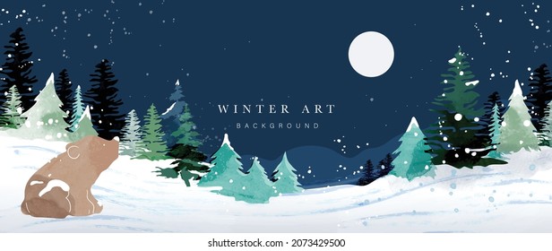 Winter background vector  Hand painted watercolor   gold brush texture  Mountain and snow  pine forest   moon hand drawing  Design for wallpaper  wall arts  cover  wedding    invite card   