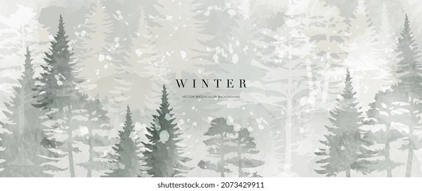 Winter background vector. Hand painted watercolor and gold brush texture, Mountain with snow, pine forest hand drawing. Design for wallpaper, wall arts, cover, wedding and  invite card.  