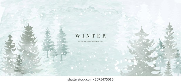 Winter background vector. Hand painted watercolor and gold brush texture, Mountain with snow, pine forest hand drawing. Design for wallpaper, wall arts, cover, wedding and  invite card.  