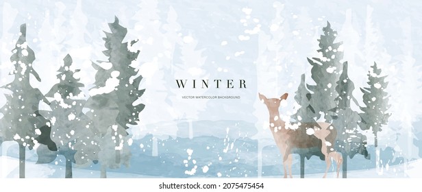 Winter background vector. Hand painted watercolor and gold brush texture, Mountain with snow, pine forest and deer hand drawing. Design for wallpaper, wall arts, cover, wedding and invite card.