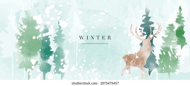Winter background vector. Hand painted watercolor and gold brush texture, Mountain with snow, pine forest and deer hand drawing. Design for wallpaper, wall arts, cover, wedding and invite card.