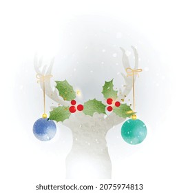 Winter background vector. Hand painted watercolor brush texture with snow, deer and Christmas decorative element, pine forest and bird. Design for wallpaper, wall arts, cover and invite card.