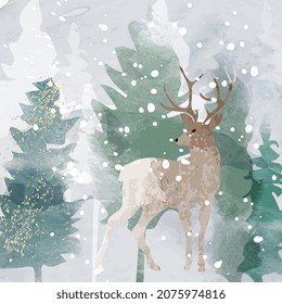 Winter background vector. Hand painted watercolor brush texture with snow, deer and Christmas decorative element, pine forest and bird. Design for wallpaper, wall arts, cover and invite card.