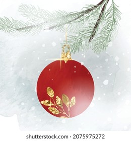 Vector de fondo invernal. Textura del pincel acuarela pintada a mano con nieve, hojas de pino, elemento decorativo navideño. Diseño de papel pintado, artes murales, portada y tarjeta de invitación.