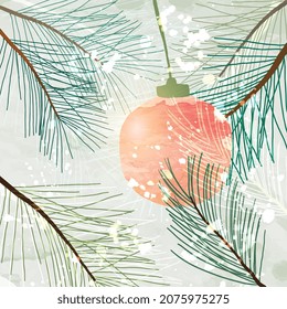 Vector de fondo invernal. Textura del pincel acuarela pintada a mano con nieve, hojas de pino, elemento decorativo navideño. Diseño de papel pintado, artes murales, portada y tarjeta de invitación.