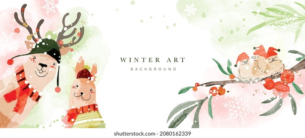 Winter background vector. Hand painted watercolor drawing for Christmas  and Happy New Year season. Background design for invitation, cards, social post, ad, cover, sale banner and invitation.