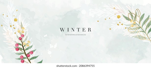 Winter background vector. Hand painted watercolor and gold brush texture, Flower and botanical leaves hand drawing. Abstract art design for wallpaper, wall arts, cover, wedding and  invite card.  
