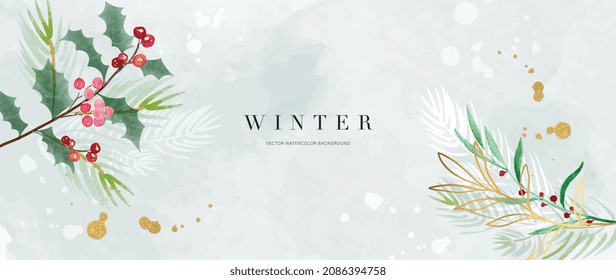 Winter background vector. Hand painted watercolor and gold brush texture, Flower and botanical leaves hand drawing. Abstract art design for wallpaper, wall arts, cover, wedding and  invite card.  
