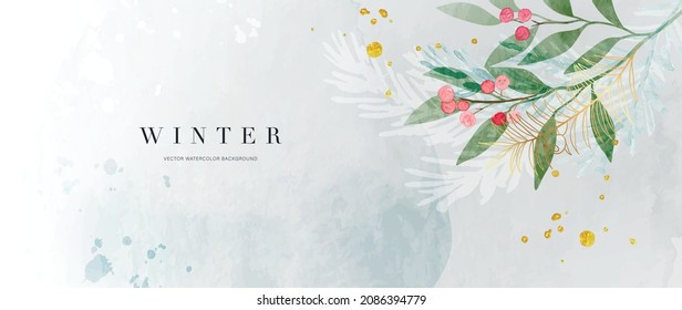 Winter background vector. Hand painted watercolor and gold brush texture, Flower and botanical leaves hand drawing. Abstract art design for wallpaper, wall arts, cover, wedding and  invite card.  
