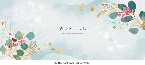 Winter background vector. Hand painted watercolor and gold brush texture, Flower and botanical leaves hand drawing. Abstract art design for wallpaper, wall arts, cover, wedding and  invite card.  
