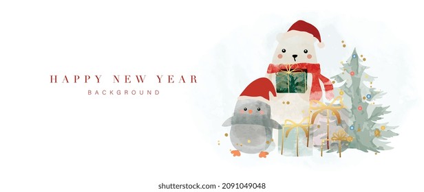 Winter background vector. Hand painted watercolor drawing for Christmas  and Happy New Year season. Background design for invitation, cards, social post, ad, cover, sale banner and invitation.