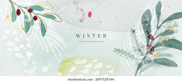 Winter background vector. Hand painted watercolor and gold brush texture, Flower and botanical leaves hand drawing. Abstract art design for wallpaper, wall arts, cover, wedding and  invite card.  