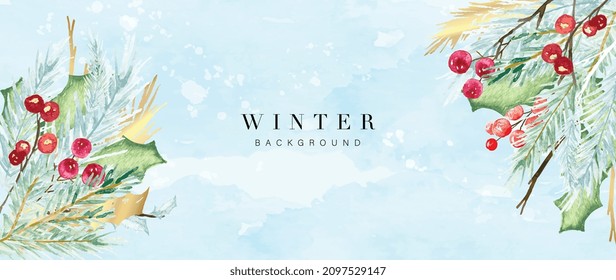 Winter background vector. Hand painted watercolor and gold brush texture, Flower and botanical leaves hand drawing. Abstract art design for wallpaper, wall arts, cover, wedding and  invite card.  