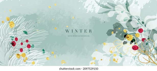 Winter background vector. Hand painted watercolor and gold brush texture, Flower and botanical leaves hand drawing. Abstract art design for wallpaper, wall arts, cover, wedding and  invite card.  