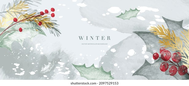 Winter background vector. Hand painted watercolor and gold brush texture, Flower and botanical leaves hand drawing. Abstract art design for wallpaper, wall arts, cover, wedding and  invite card.  