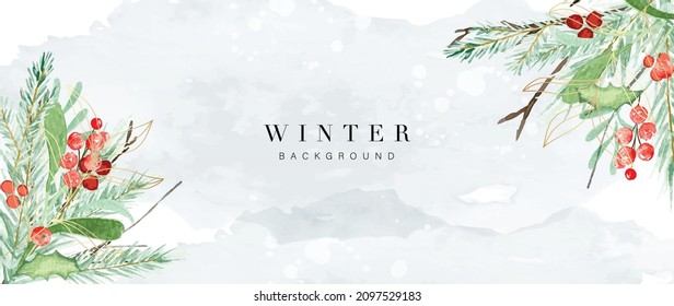 Winter background vector. Hand painted watercolor and gold brush texture, Flower and botanical leaves hand drawing. Abstract art design for wallpaper, wall arts, cover, wedding and  invite card.  