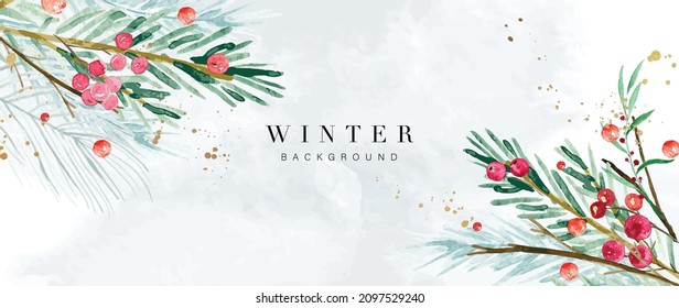 Winter background vector. Hand painted watercolor and gold brush texture, Flower and botanical leaves hand drawing. Abstract art design for wallpaper, wall arts, cover, wedding and  invite card.  