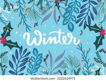 Winter background vector. Hand painted brush texture, Flower and botanical leaves hand drawing. Abstract art design for wallpaper, wall arts, cover, wedding and invite card.