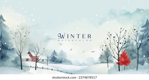 Winterhintergrund, Vektorgrafik. Handgemalte Aquarellzeichnung. Hintergrunddesign für Einladung, Karten, Sozialposten, Werbung, Cover, Verkaufsbanner und Einladung