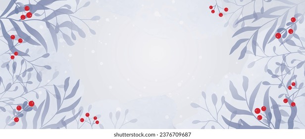 Winter background vector. Hand painted with watercolor and texture, botanical leaves and red berries, in blue tones. Abstract artistic design for wallpapers, wall art, covers, wedding and invitation	