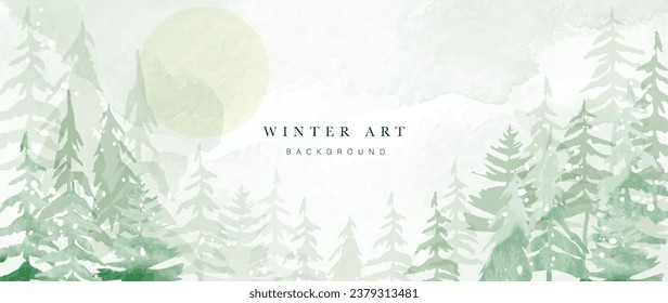 Winter background vector. Hand painted watercolor, mountain with snow, pine forest, moon hand drawing. Design for wallpaper, wall arts, cover, wedding, decoration, banner.