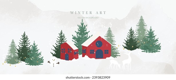 Vector de fondo invernal. Dibujo acuarela pintado a mano para Navidad y Feliz Año Nuevo. Diseño de fondo para invitación, tarjetas, post social, anuncio, portada, banner de venta e invitación.