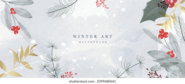 Winter background vector. Hand painted watercolor and gold brush texture, flower, botanical leaves, berry hand drawing. Abstract art design for wallpaper, wall art, cover, wedding. invite card.