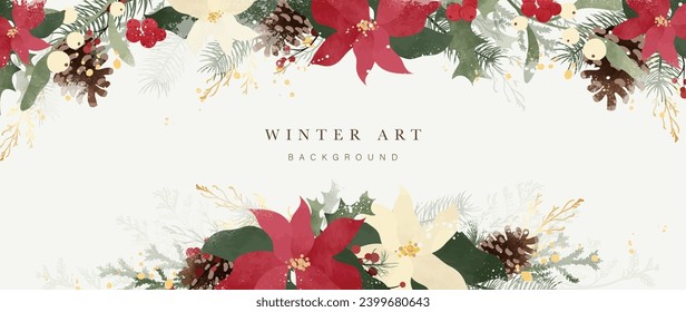 Winter background vector. Hand painted watercolor and gold brush texture, pine cone, botanical leaves, flower hand drawing. Abstract art design for wallpaper, wall art, cover, wedding. invite card.