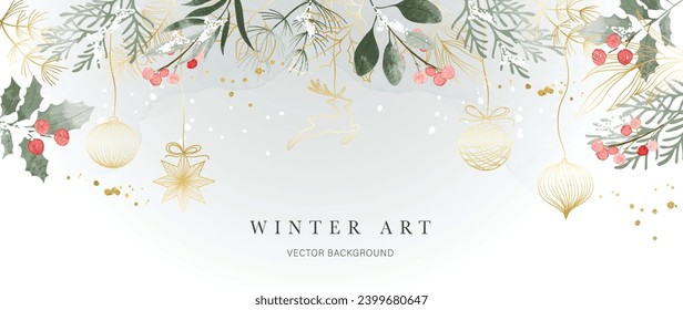 Winter background vector. Hand painted watercolor and gold brush texture, holly berry, bauble ball, reindeer hand drawing. Abstract art design for wallpaper, wall art, cover, wedding. invite card.