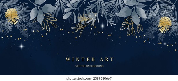 Winter background vector. Hand painted watercolor and gold brush texture, pine cone, botanical leaves, night hand drawing. Abstract art design for wallpaper, wall art, cover, wedding. invite card.