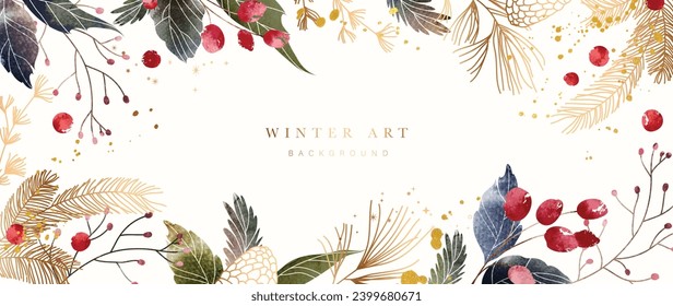 Winter background vector. Hand painted watercolor and gold brush texture, pine leaves, berry, botanical leaves hand drawing. Abstract art design for wallpaper, wall art, cover, wedding. invite card.