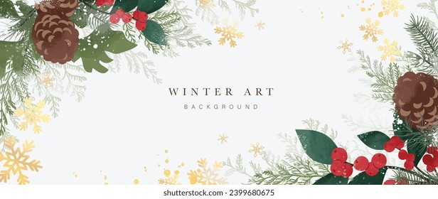 Winter background vector. Hand painted watercolor and gold brush texture, pine cone, botanical leaves, snowflake hand drawing. Abstract art design for wallpaper, wall art, cover, wedding. invite card.