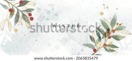 Winter background vector. Hand painted watercolor and gold brush texture, Flower and botanical leaves hand drawing. Abstract art design for wallpaper, wall arts, cover, wedding and invite card.