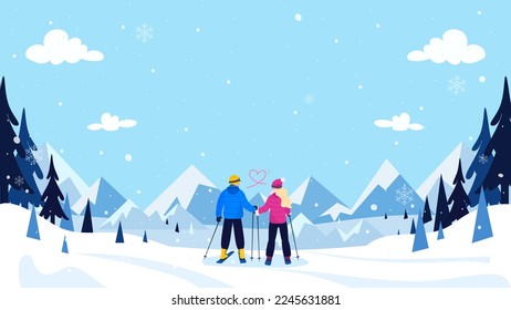 Ilustración vectorial de fondo invernal. Amante pareja esquiando juntos y disfrutando de un hermoso paisaje montañoso