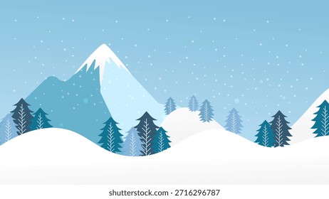 Winterhintergrund Vektorgrafik Naturlandschaft mit Bergen und Bäumen und Schneefall. Vektorkunst