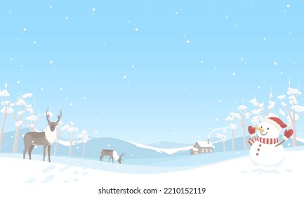 Fondo de invierno. Ilustración vectorial del paisaje de nieve con renos y muñecos de nieve.