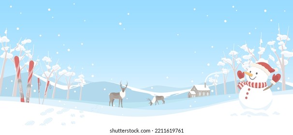 Winter background. Vector illustration of snow landscape with snowman, skis and reindeer.