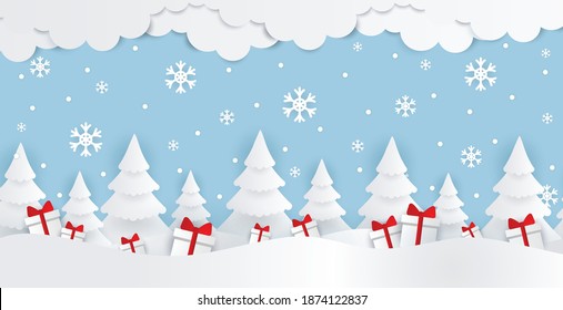 Winter background vector illustration with snowfall and Christmas trees. Snowy background. Winter wonderland vector.
