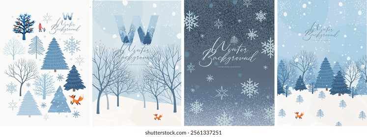 Winter background. Vector illustrations of landscape, winter trees, snowflake, spruce, fir, oak, bush, branches and fox for poster, cover or card