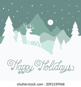 Winter Background.  vector mountains forest woodland background with reindeer caribou, moose