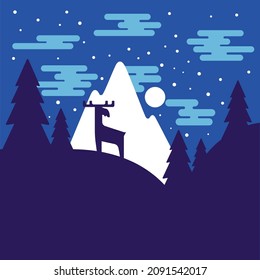 Winter Background.  vector mountains forest woodland background with reindeer caribou, moose