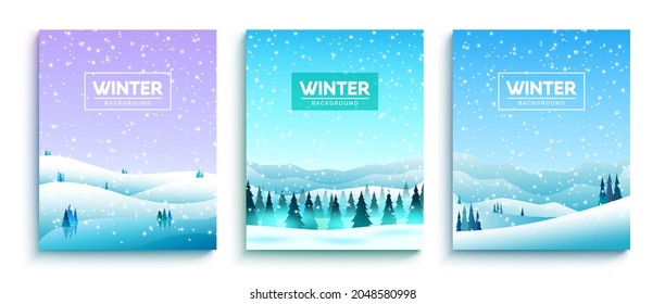 Winter background vector set. Winter text in snowy forest landscape with snowfall, fir trees and mountain elements for cold snow season banner design. Vector illustration.
