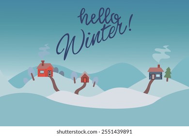 Fondo de invierno en Vector. Casas cubiertas de nieve y árboles en el borde del bosque.