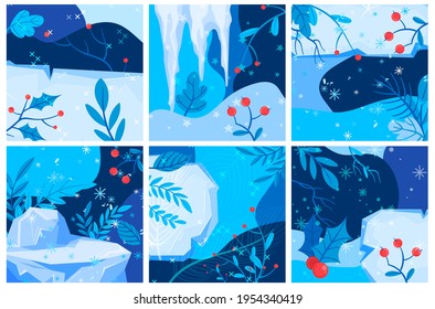 Winterhintergrund, Wiburnabäste, Schneebanner, blaue Natur, rote Beeren, Design, Vektorgrafik im Cartoon-Stil.