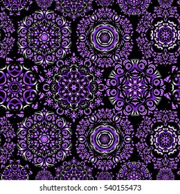 Winter background with violet, brown and purple snowflakes. Vector seamless background.